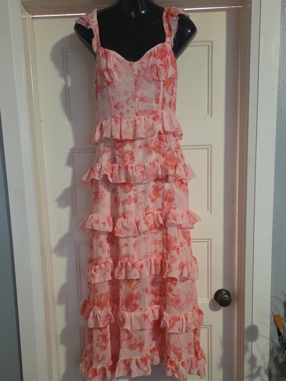 Ruffled Pink Floral Maxi Dress with Tiered Skirt